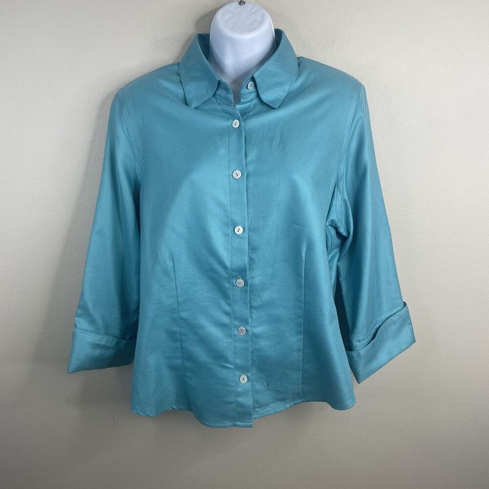 Farinaz Taghavi Button Up Colorful Career Classic Top 14 Teal 3/4 Cuffed Sleeve